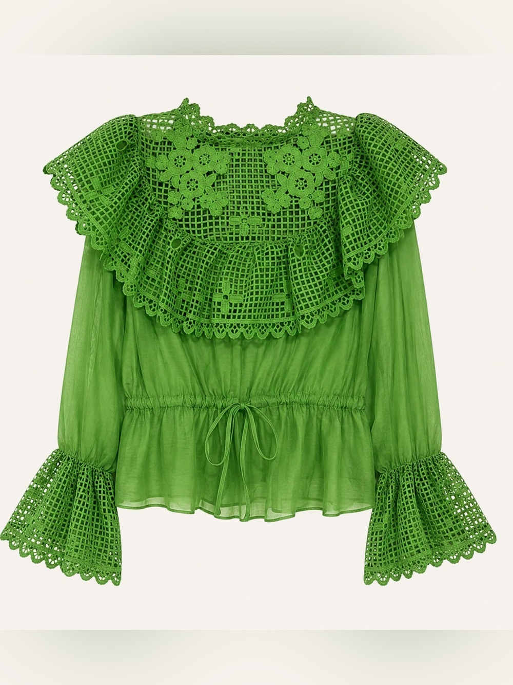 Lace-Yoke Sheer Green Peasant Blouse